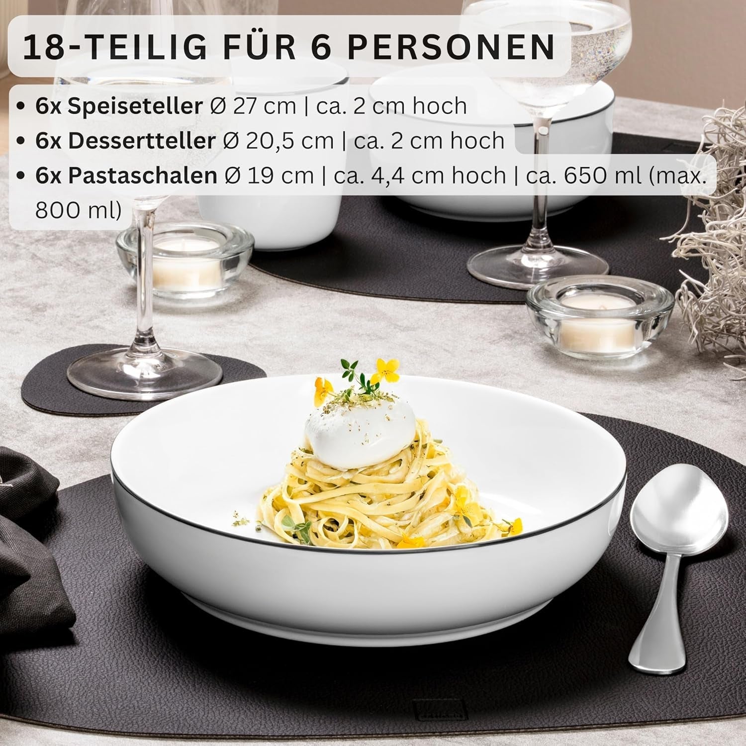 SANGER | Marlo Geschirrset mit schwarzem und weißem Rand, 18-teiliges Porzellangeschirrset für 6 Personen, Weiß mit schwarzen Akzenten, Speiseteller, Dessertteller und Schüsseln, modernes Design | DIE PREMIUM-KOLLEKTION