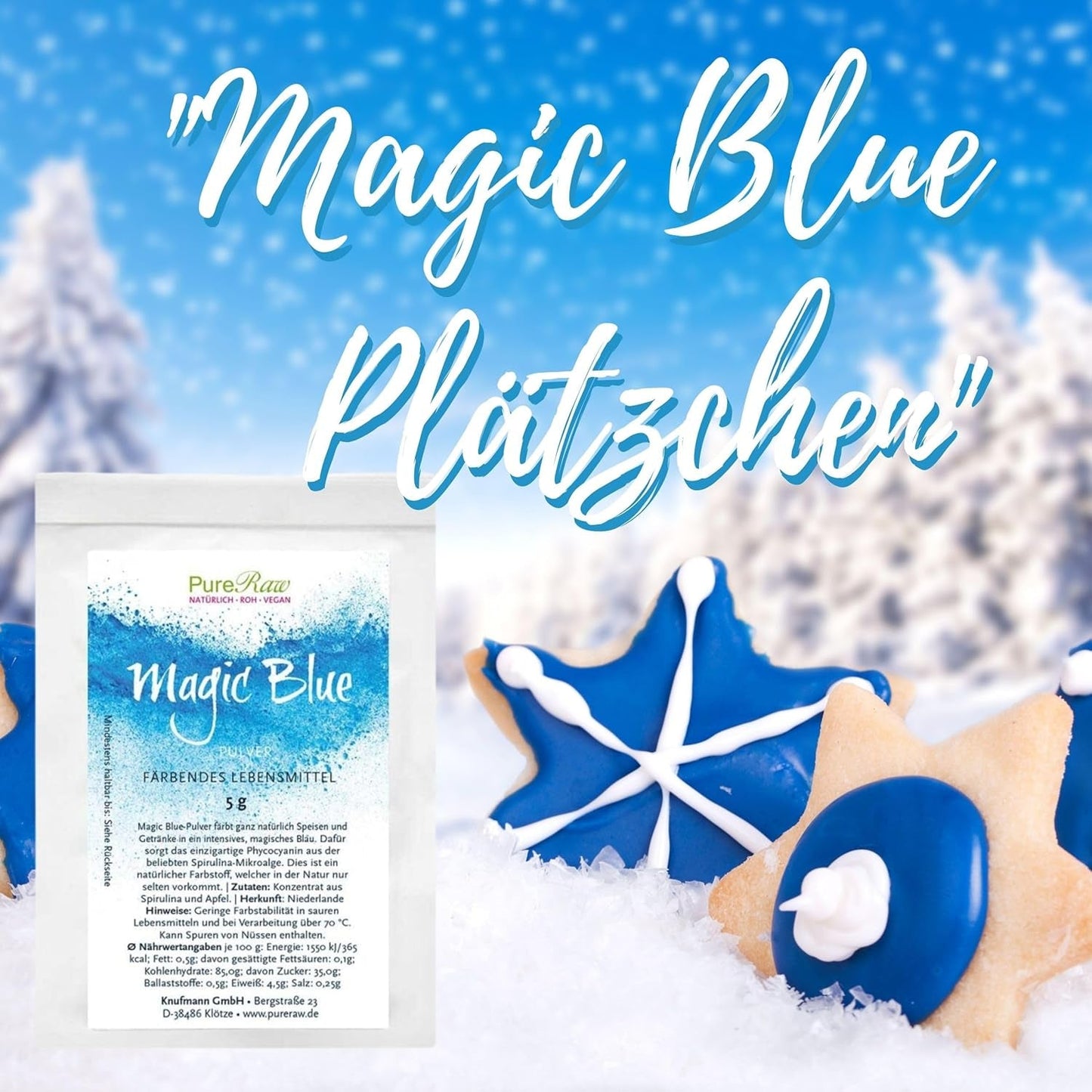 Magic Blue Spirulina Natürliche Lebensmittelfarbe Pulverblau (roh vegan) Dunkelblau bis helles Pastellblau – Phycocyanin-Algenpulver-Lebensmittelfarbe – Natürliche Lebensmittelfarbe | Pureraw 5G