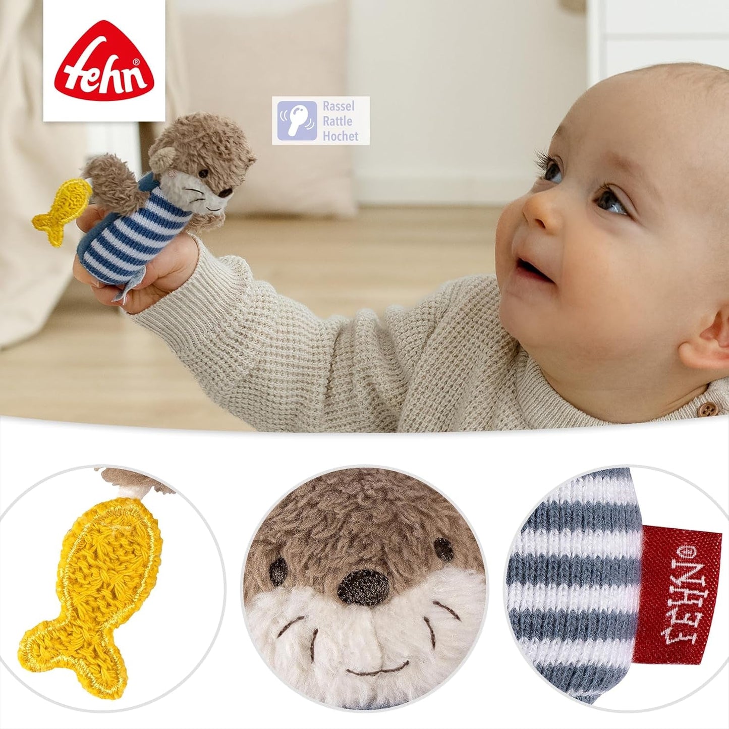 Fehn Mini-Rasselotter – Mini-Greifling zum Rasseln, Tasten und Spielen mit kuschelweichem Stofftier – ein treuer Begleiter für Babys und Kleinkinder ab 0 Monaten. Babyspielzeug Naty Shop