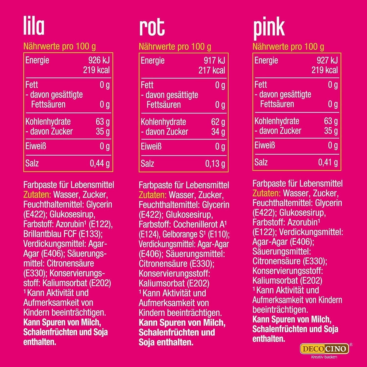 Decocino Neon-Lebensmittelfarben-Set – 3-teilig – Rot, Rosa, Lila – hochdosierte Lebensmittelfarbe – zum Einfärben von Kuchen, Muffins, Cupcakes – geschmacksneutral