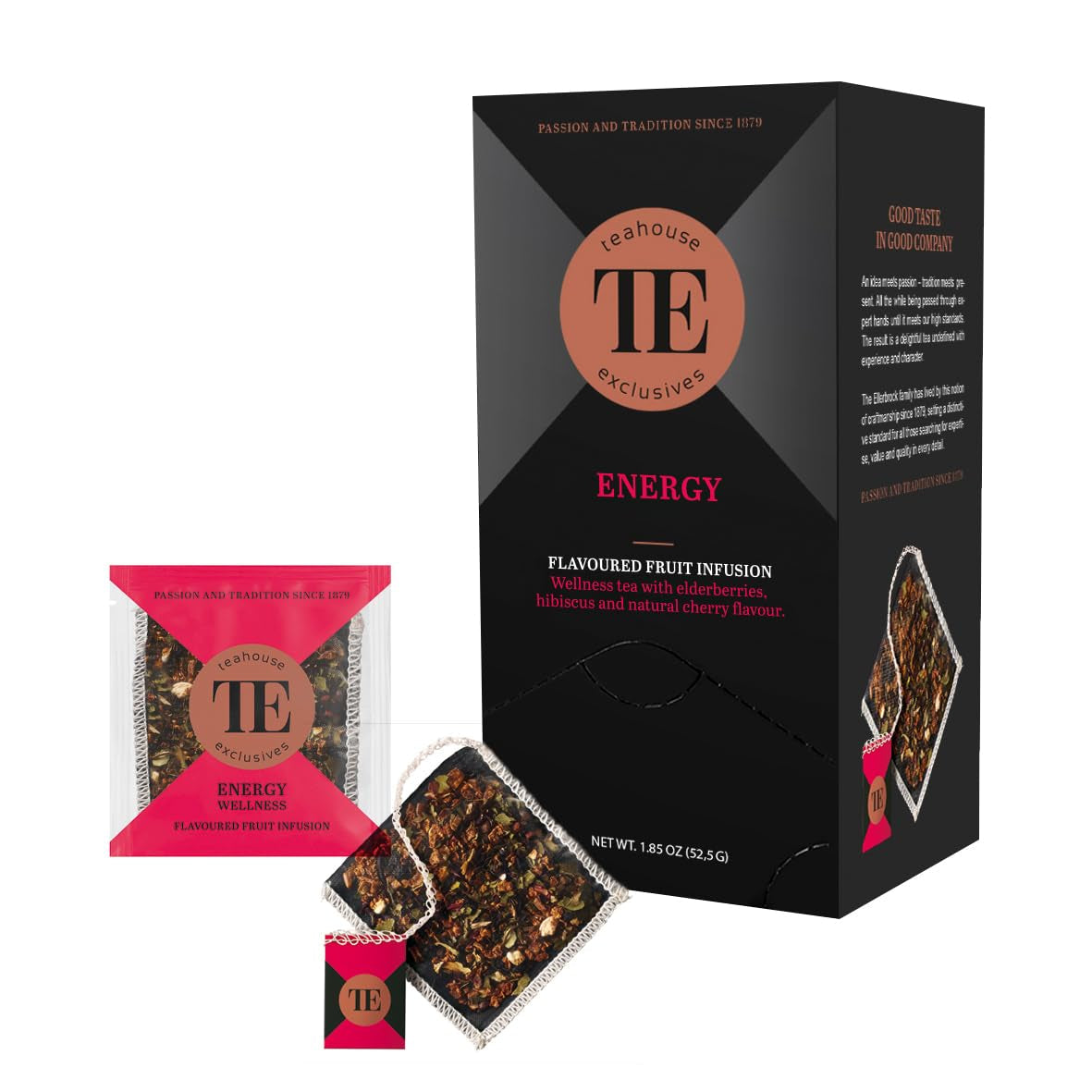 Teahouse Exclusives Luxus-Teebeutel Energie, 15 Beutel – Wellness-Tee mit Holunder-, Hibiskus- und natürlichem Kirschgeschmack