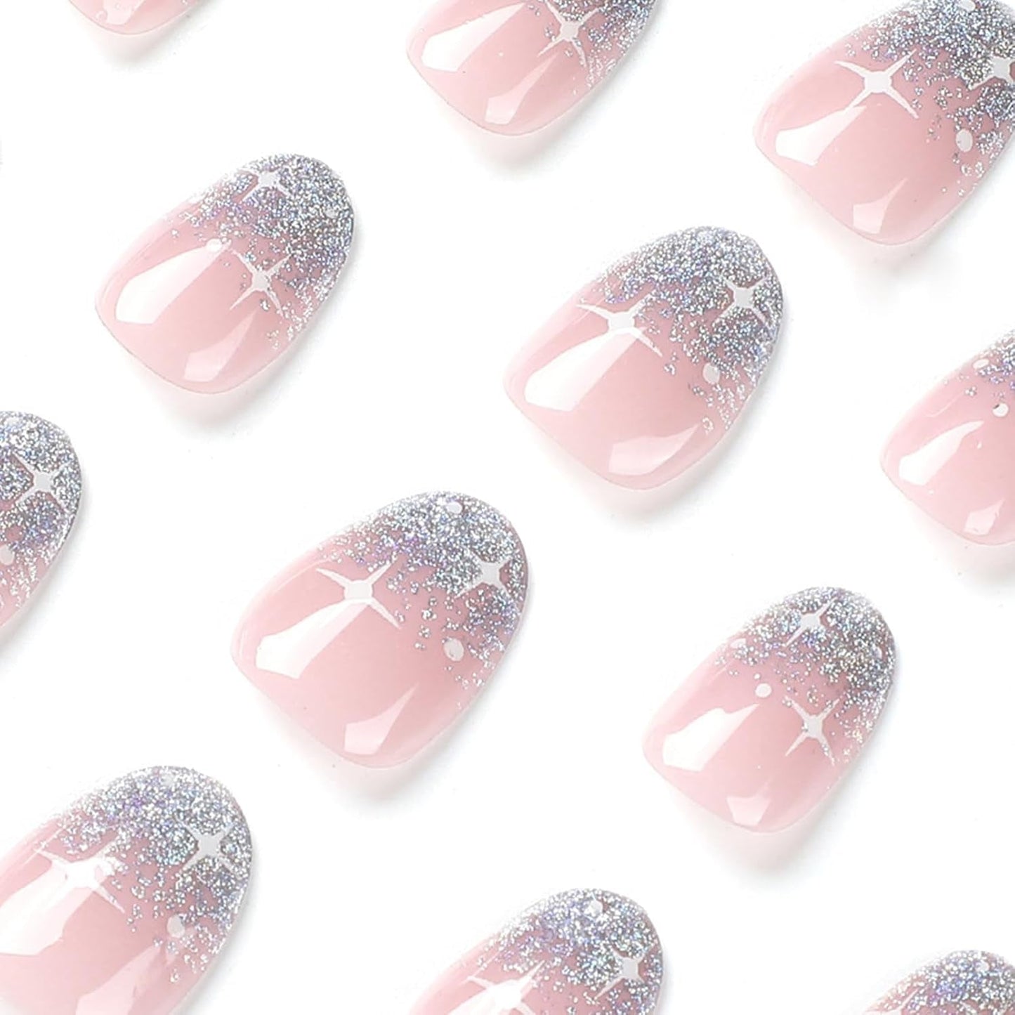 24 Stück French Press On Nails, kurz, glänzend, silberfarbenes Design, ovale künstliche Nägel, zum Aufkleben auf Acryl, glänzende Nägel, falsche Nägel für Frauen und Mädchen