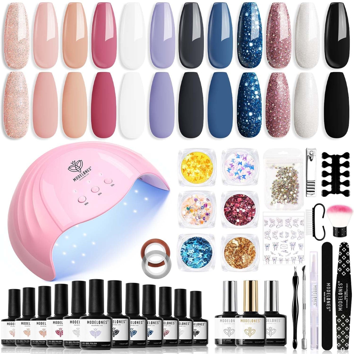 Modelones 35-teiliges Gel-Nagellack-Set, UV-Nagellack-Set mit 48-W-Lampe, Nude-Braun-Weiß-Rosa-Gel-Nagellack-Set, UV-Gel-Nagellack-Set mit Top Coat Base, Nagelstudio-Set