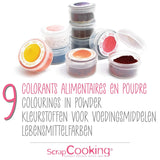 Scrapcooking – Set mit 9 pulverförmigen Lebensmittelfarben – Blau, Gelb, Rosa, Lila, Orange, Limettengrün, Rot, Puderrosa, Schwarz – Essbares Farbpulver für Kuchen, Muffins, Macarons – 4270