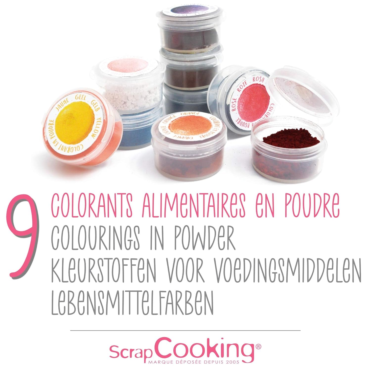 Scrapcooking – Set mit 9 pulverförmigen Lebensmittelfarben – Blau, Gelb, Rosa, Lila, Orange, Limettengrün, Rot, Puderrosa, Schwarz – Essbares Farbpulver für Kuchen, Muffins, Macarons – 4270