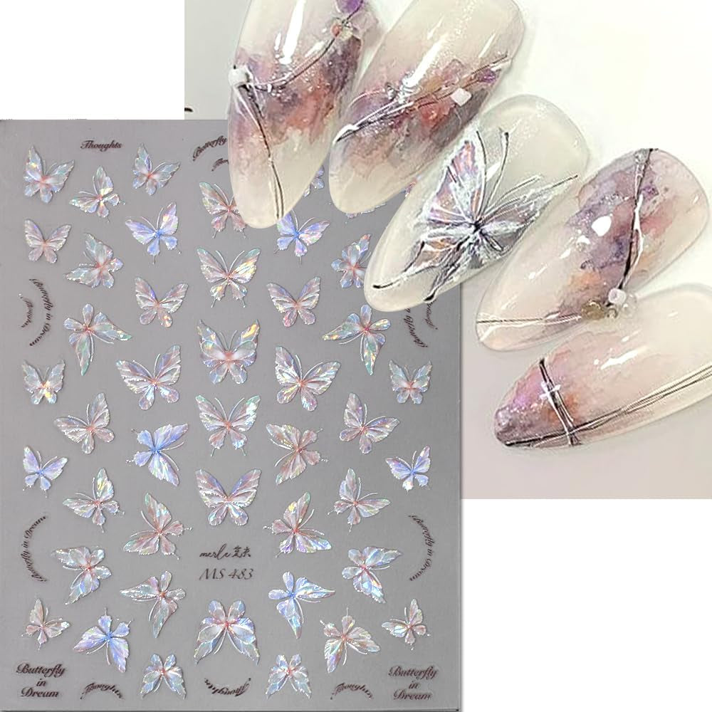 Aurora Shell Schmetterling Nagelsticker Selbstklebend,Erleichterung Schmetterlinge Nail Sticker Rosa Laser Schmetterling Nagelaufkleber Für Frauen Nageldesign Zubehör Nagel Zubehör Nail Art