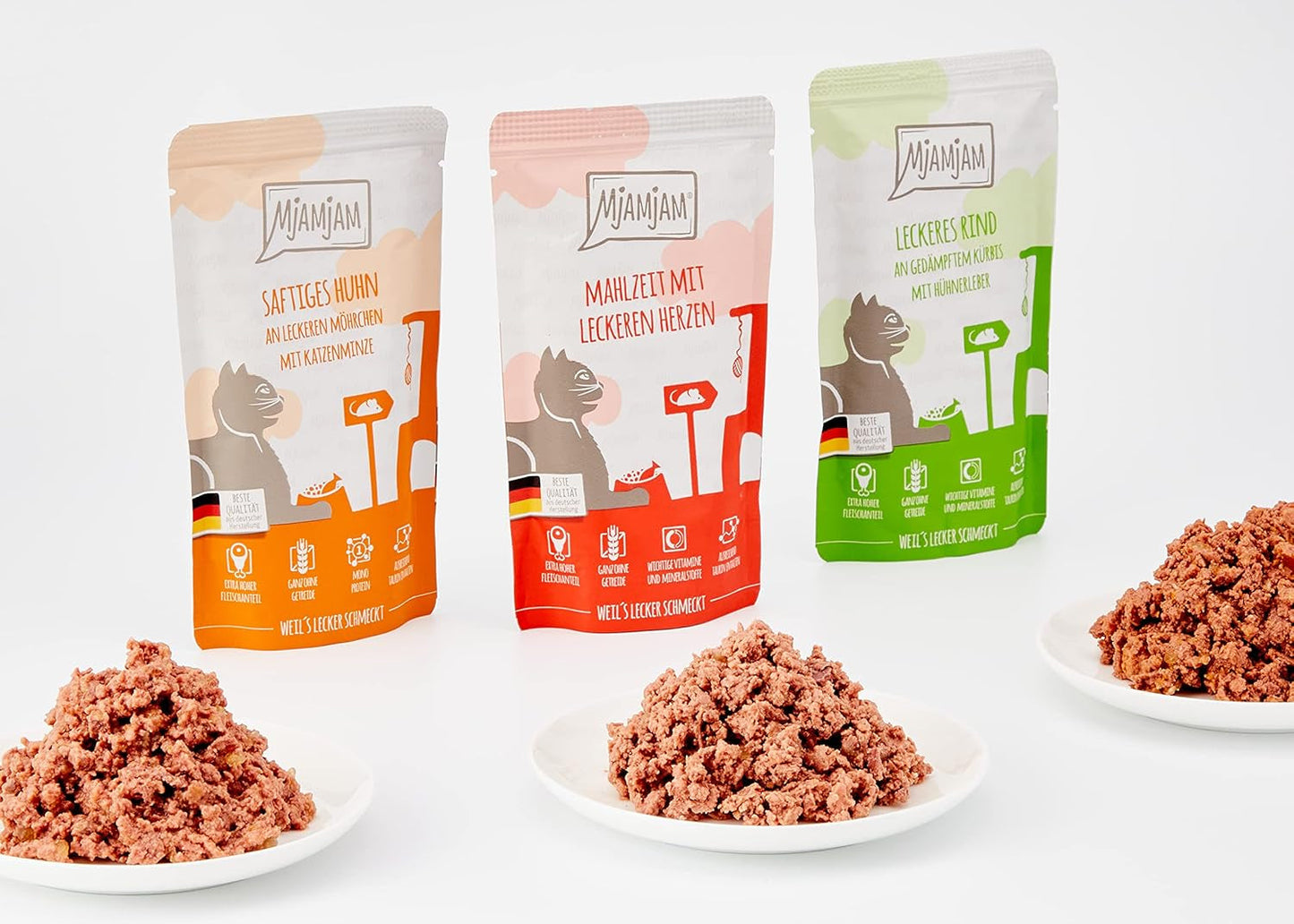 MjAMjAM – Premium-Nassfutter für Katzen – Mischpackung I – Huhn, Rind, Herzen, 12er-Pack (12 x 125 g), getreidefrei mit extra Fleisch