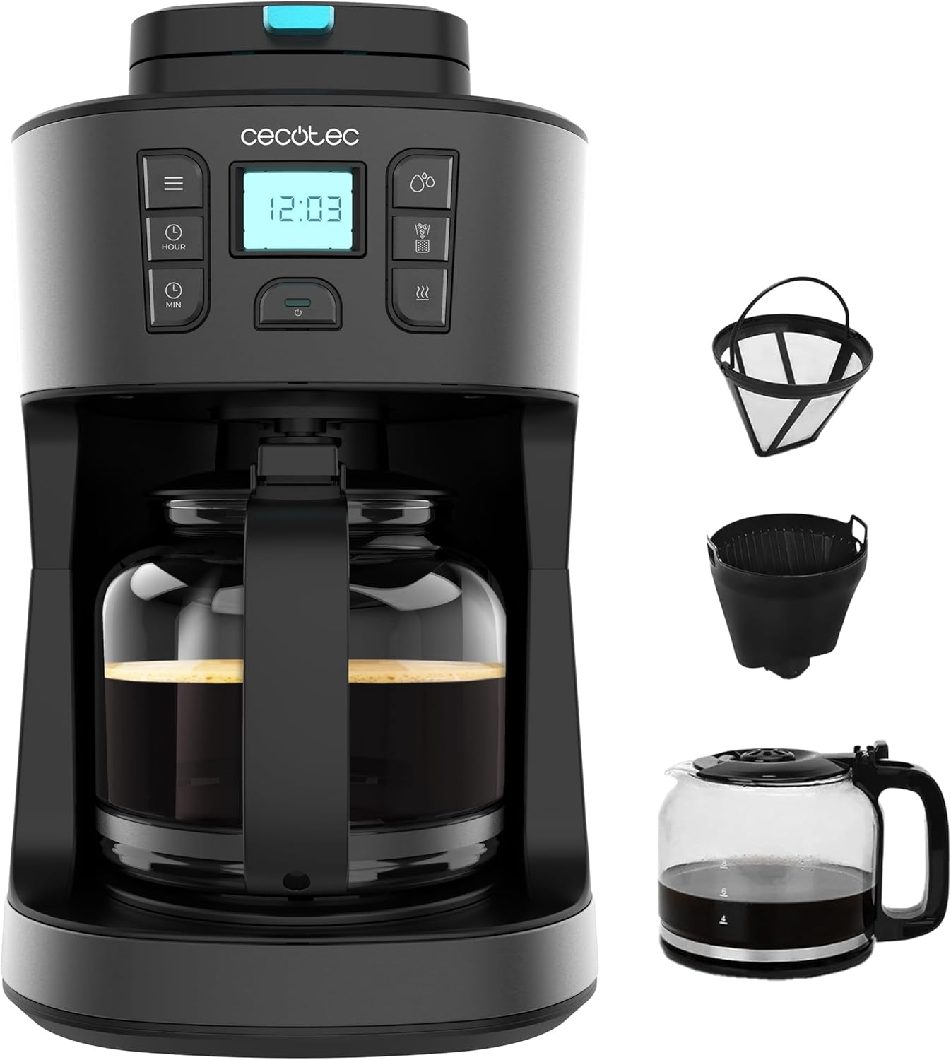 Cecotec Coffee 66 Grind & Drop Essential Filterkaffeemaschine. 1086 W, Messermühle, bis zu 12 Tassen, Extreme Aroma-Technologie, digital, Edelstahl, automatische Abschaltung.