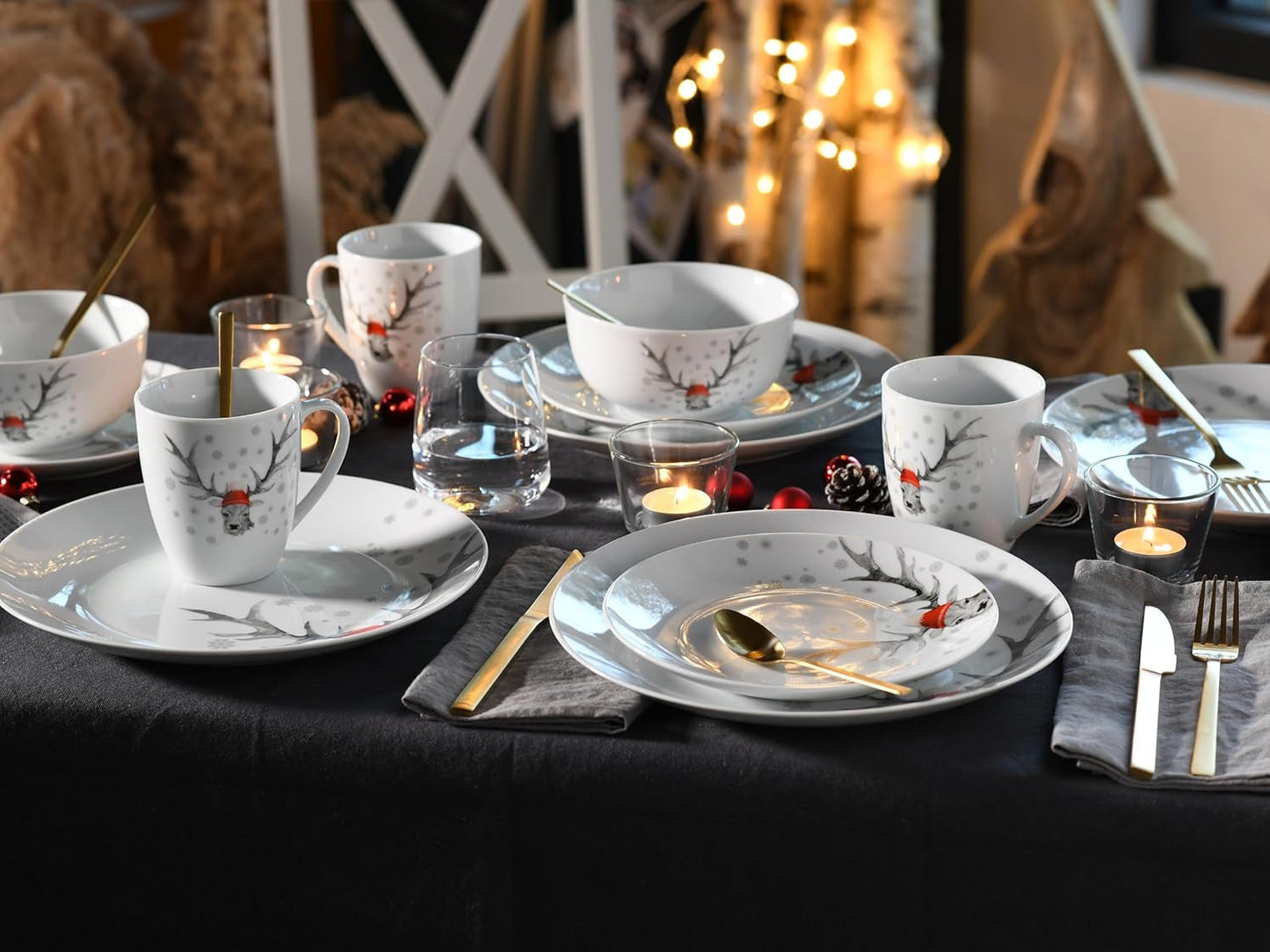 CreaTable, 21498, Serie Luna Hirsch, 18-teiliges Geschirrset für 6 Personen, Frühstücksset aus Porzellan, spülmaschinen- und mikrowellenfest, hochwertige Herstellung