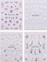 JMEOWIO 3D Nagelsticker Blumen Nail Art Sticker Selbstklebend Nagelaufkleber 5D Stereoskopisch Frühling Sommer Dekoration Nageldesign Zubehör 4 Blatt