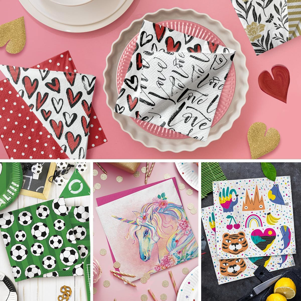 PAW – 3-lagige Servietten (33 x 33 cm) I 20 Stück I Perfekt für Partys, Geburtstage, Feiertage I Tischdekoration für Kinderfeste – Bunte Motiv-Papierservietten – Eiscreme I Eiscreme