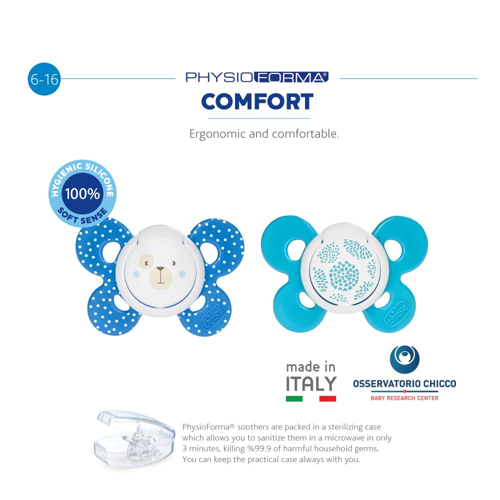 Chicco PhysioForma Comfort Schnuller 6-16 Monate, 1 Stück, Schnuller mit Silikonsauger, unterstützt die physiologische Atmung und fördert die korrekte orale Entwicklung, blau