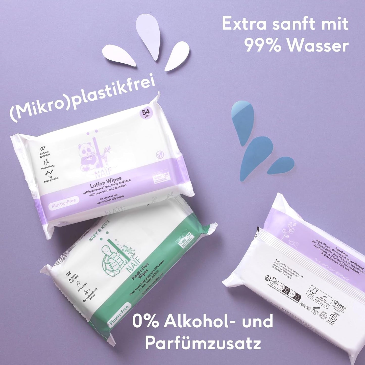 Plastikfreie Baby-Feuchttücher von Naïf, 432 Stück (8er-Pack x 54 Tücher) – Pflege für Babys Po, Körper und Gesicht – 99 % Wasser – 0 % Duftstoffe und Alkohol – Box mit nachhaltigen Feuchttüchern, empfindlicher Eukalyptus