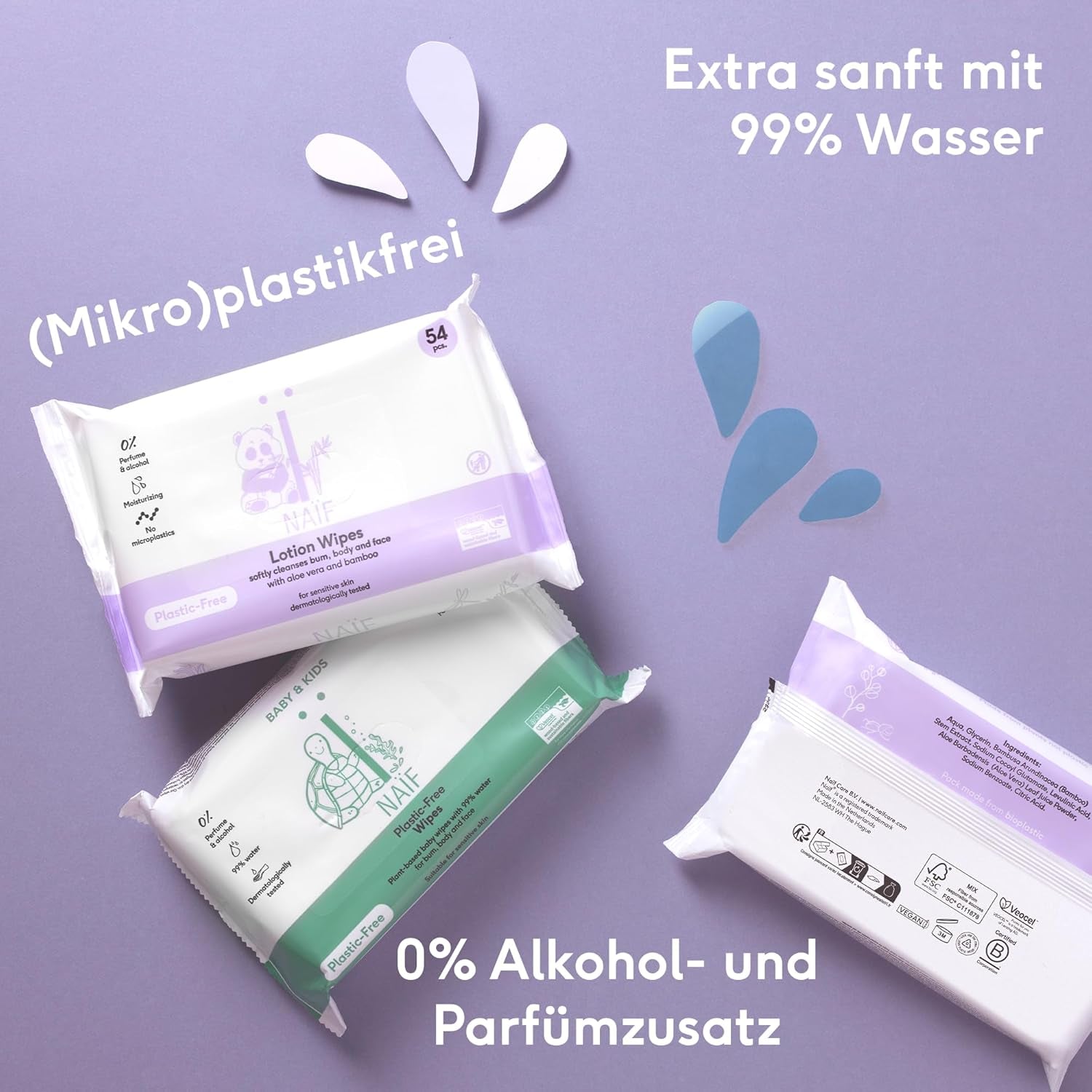 Naïf – Plastikfreie Feuchttücher – 1296 Stück (24 Stück x 54 Feuchttücher) – Babypo-, Körper- und Gesichtspflege – 99 % Wasser – 0 % Duftstoffe und Alkohol