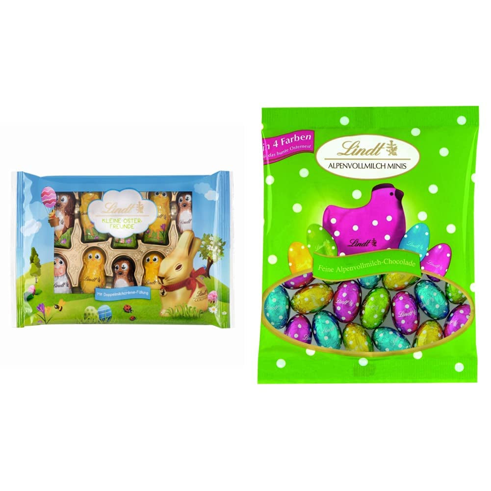 Kleine Osterfreunde mit Schokolade | 2 x 100 g und Schokoladendekor Mini-Eier mit Alpenmilch | 2 x 180 g Beutel | Eier aus hochwertiger Vollmilchschokolade, fröhlich und bunt verpackt, in vier Farben zu Ostern