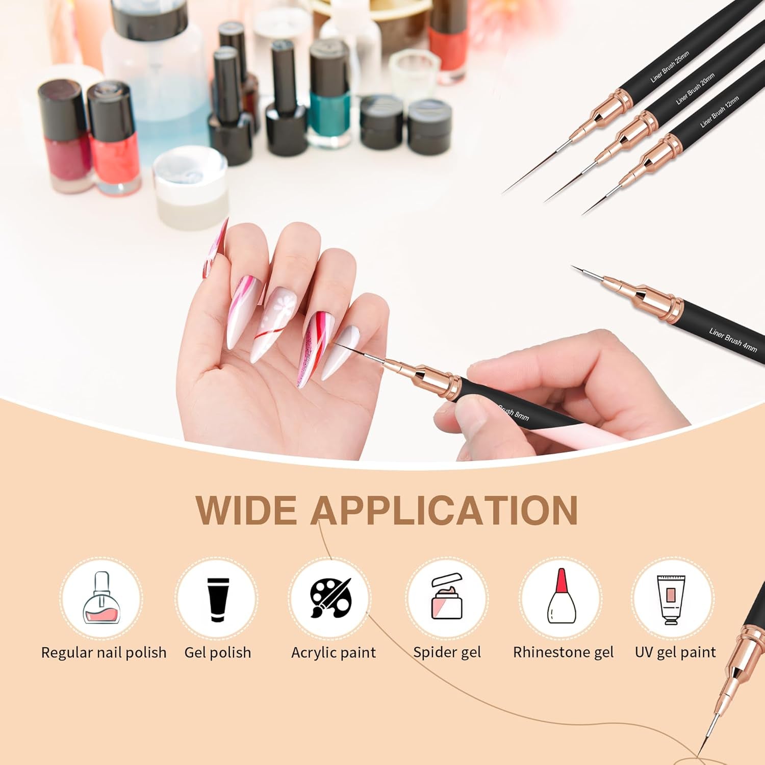 Nagelpinsel, 5-teilig, Nagelkonturpinsel, Maldesign-Pinsel-Set, Nagelpunkt-Zeichenwerkzeug für lange Linien, dünne Details, feines Zeichnen in der Größe 6/9/12/15/18 mm, Schwarz