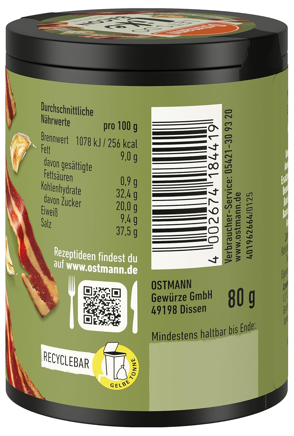 Ostmann Gewürze - Let's Do Like Bacon | Speck-Geschmack für ungewürzte Fleischersatzprodukte | Gewürzsalz für Tofu und vegetarische/vegane Eintöpfe | 80 g in Metalldose recyclebar