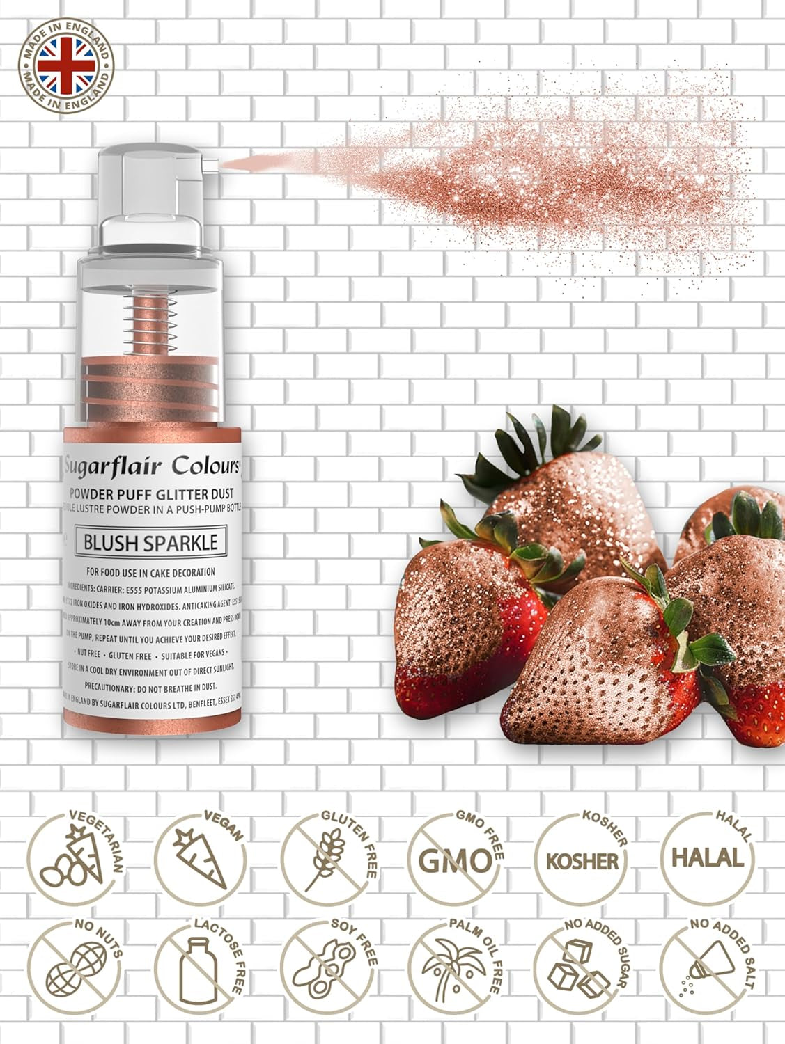 Sugarflair Pump Powder Spray, Glitter, Blush, Glitter – Lebensmittelfarbe für Kuchen, Aerosolfreies Spray für Kuchen, Muffins und mehr – 10 g