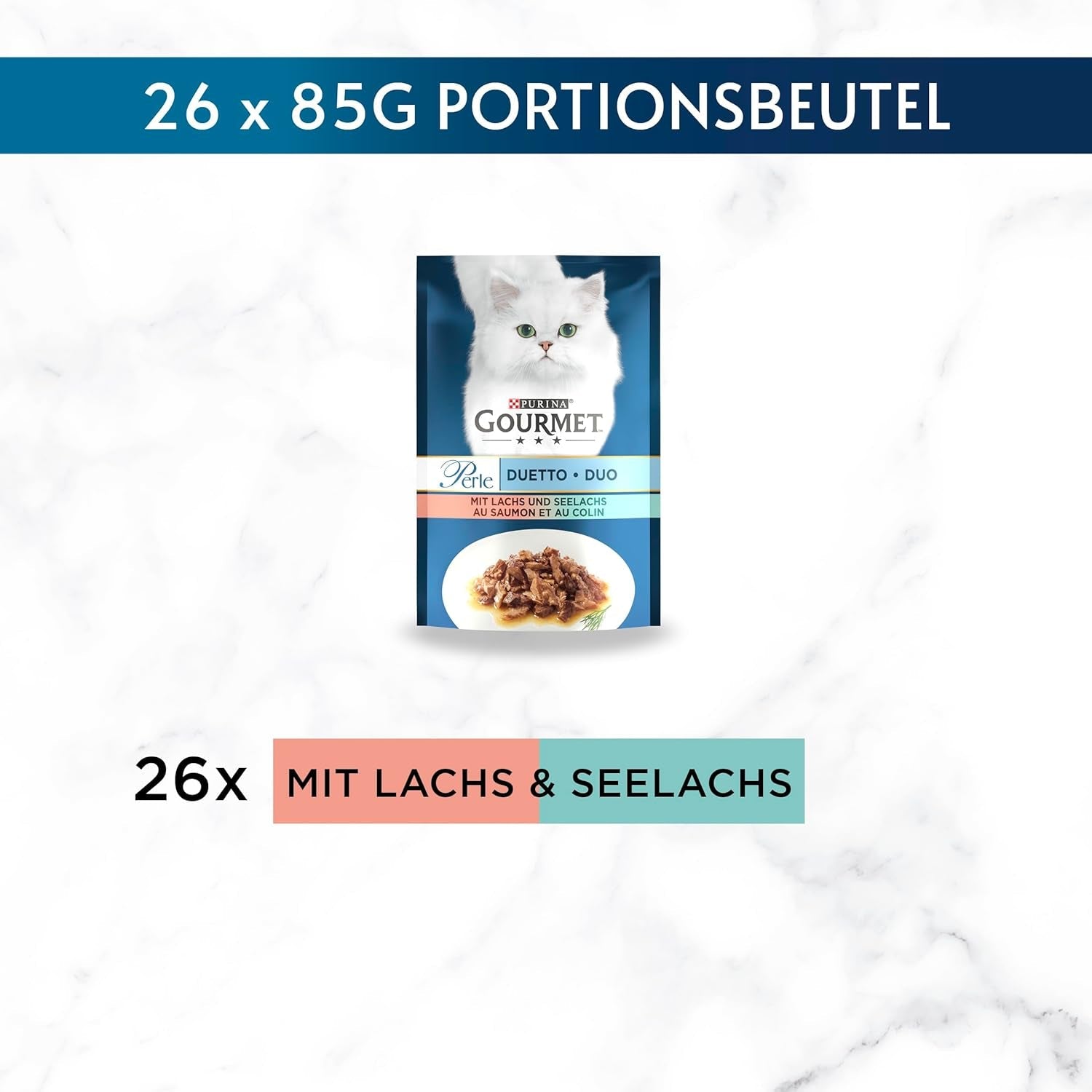 Gourmet Perle Duetto Nassfutter für Katzen mit Lachs und gelbem Kabeljau, 26er-Pack (26 x 85 g)