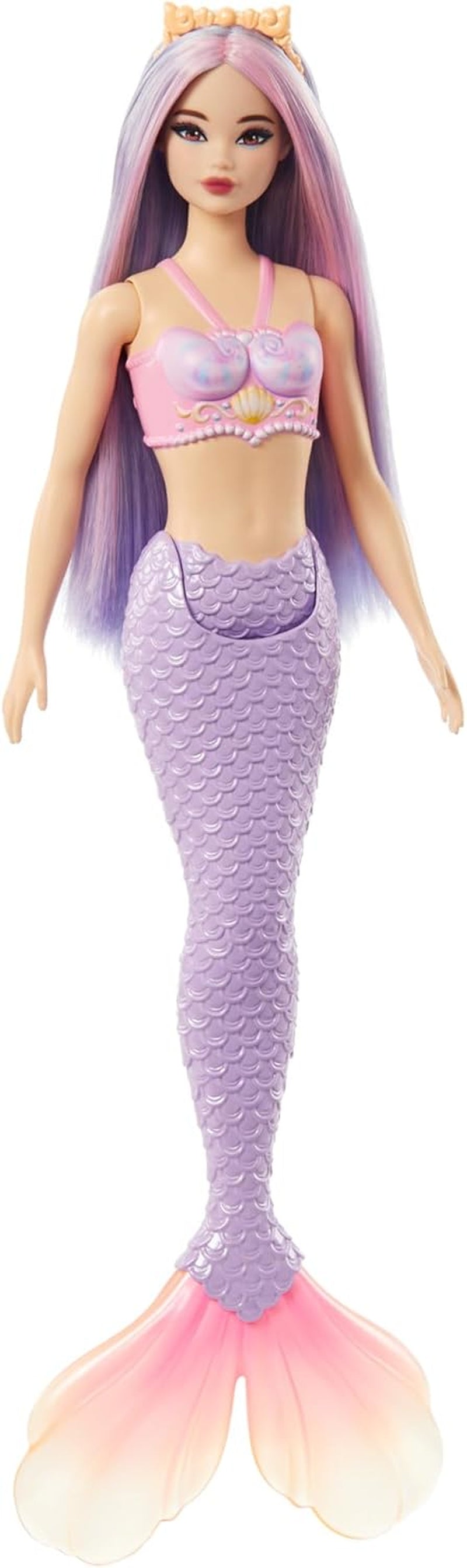 Barbie-Meerjungfrau-Puppe mit rosa und lilafarbenem Haar und Stirnband, Muscheloberteil und lavendelblauer Schwanzflosse, HRR06 Naty Shop-Puppen