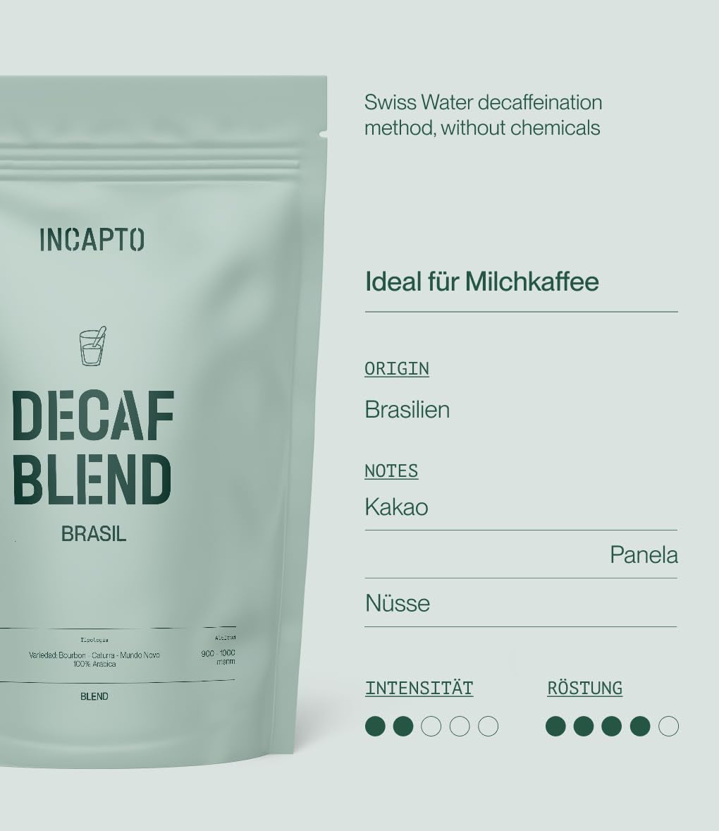 Incapto Ganze Entkofeinierte Kaffeebohnen | Ohne Chemikalien | Mischung aus 100% Arabica-Kaffee aus Brasilien | Ungemahlene Espressobohnen | Schweizer Wasser entkoffeinierter Kaffee, Packung 500g