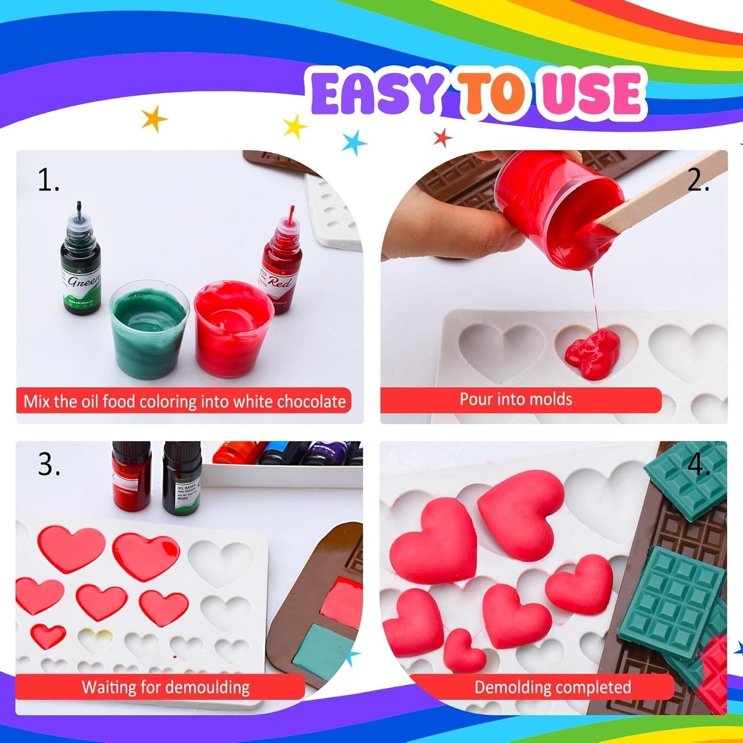 Fettlösliche Schokoladen-Lebensmittelfarbe – Regenbogenfarben, ölbasierte Lebensmittelfarbe für Fondant, Kuchendekoration, Backen – flüssige Lebensmittelfarbe für Kakaobutter, Buttercreme – je 12 g