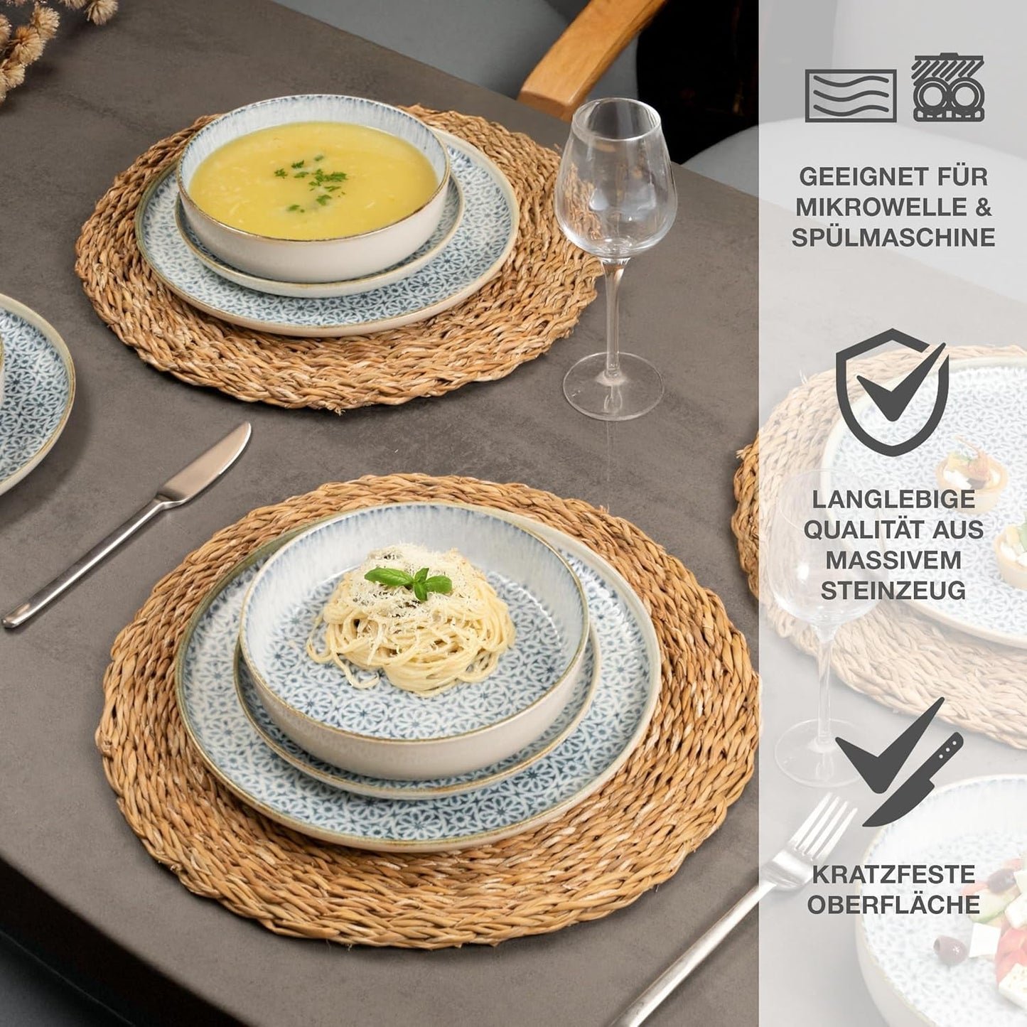 Moritz & Moritz ALHAMBRA Tafelservice für 6 Personen, 18-teilig, hochwertiges Porzellan – modernes blaues Tafelservice – pflegeleichtes Set bestehend aus 6 Speisetellern, 6 Desserttellern und 6 Schüsseln