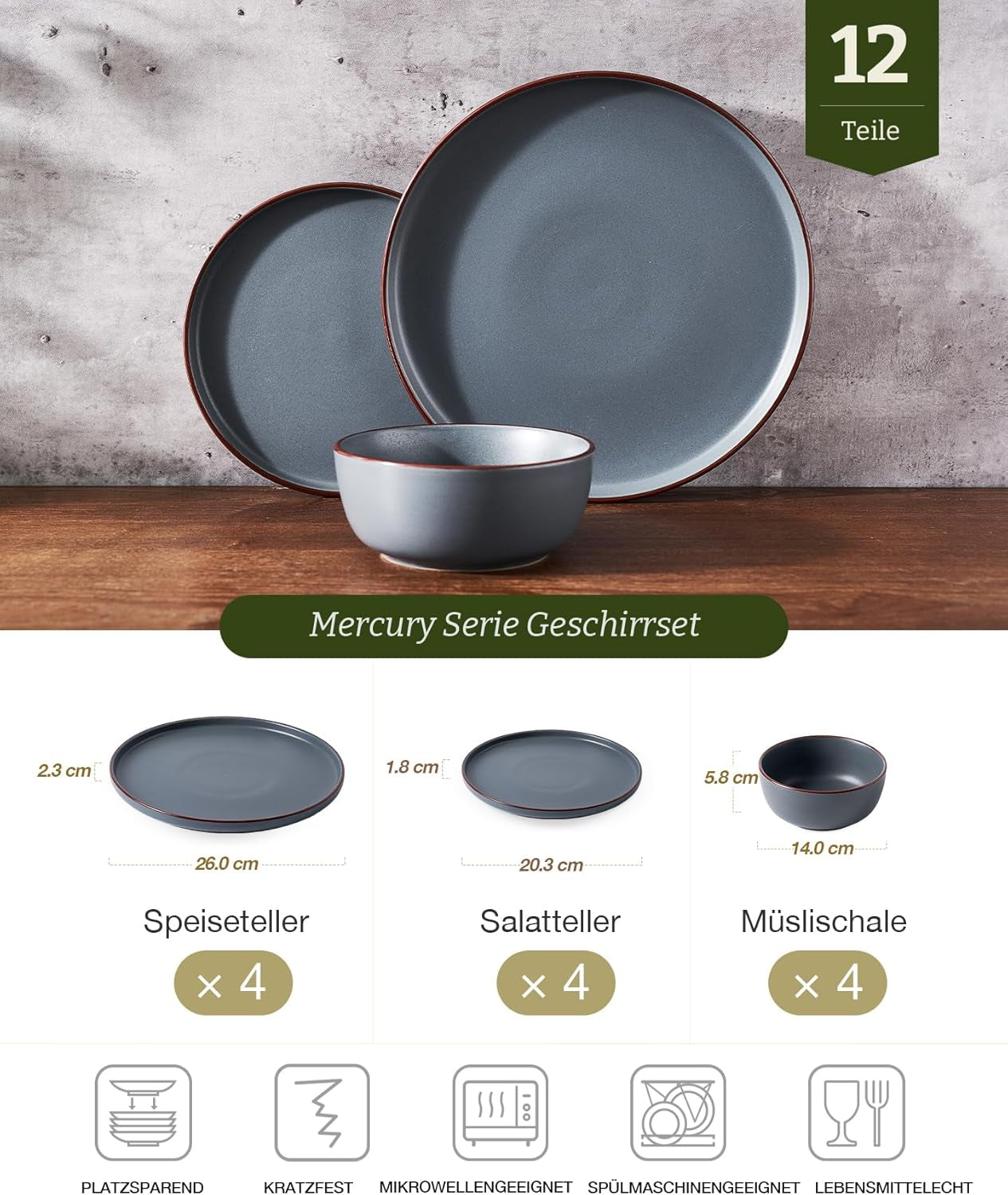 Mercury Geschirrset, 12-teiliges Geschirrset, 4-Personen-Steinzeug-Geschirrset mit Speisetellern, Desserttellern, Müslischalen, mikrowellen- und spülmaschinenfest, Anthrazit