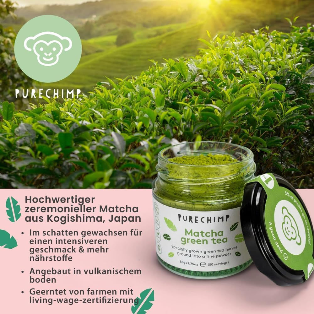 Purechimp Matcha-Pulver in zeremonieller Qualität, 50 g. 100 % reines, schattengewachsenes Teepulver für Latte, Aufgüsse und Rezepte. Recycelbares Glas. Reich an Antioxidantien.