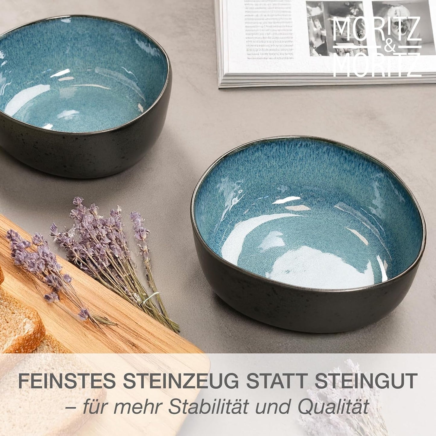 Moritz & Moritz ORGANIC Servierschalen-Set, Blau – 2 große hochwertige Steinzeugschalen, modern und zeitlos, mikrowellen- und spülmaschinenfest – perfekt für Salate, Pasta, Snacks und mehr