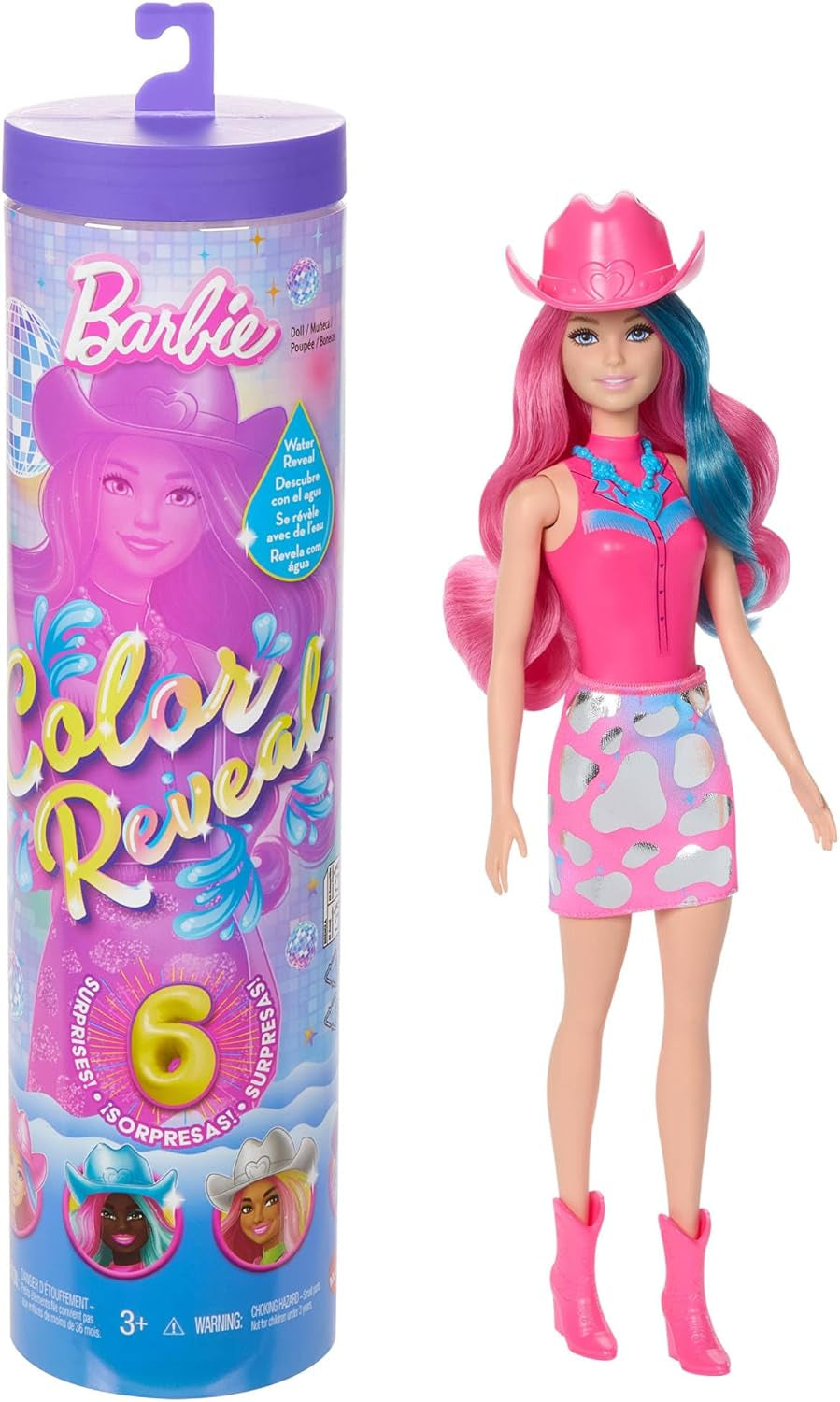 Barbie Color Reveal Puppe und Zubehör mit 6 Überraschungen, Disco Star-Serie mit metallischem Glitzer und farbwechselndem Oberteil (Stile können variieren), JCP01, 32 cm