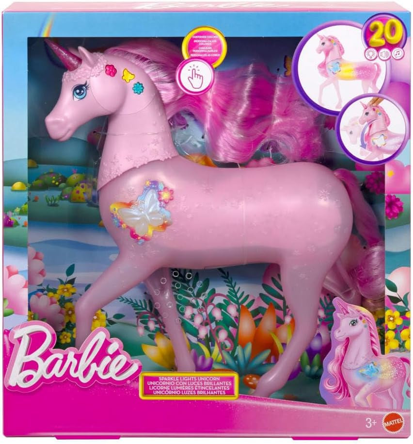 Barbie-Einhorn, das im Dunkeln leuchtet, mit 20 interaktiven Kombinationen aus Licht-, Sound- und Musikeffekten zum Spielen per Knopfdruck und Kopfstreicheln, JCP78