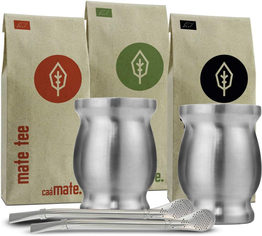 Mate Bio-Teeset ● 3 Mate-Sortimente + 2 doppelwandige Mate-Becher aus Edelstahl + 2 Bombillas + Zubereitungsanleitung (Schwarz)