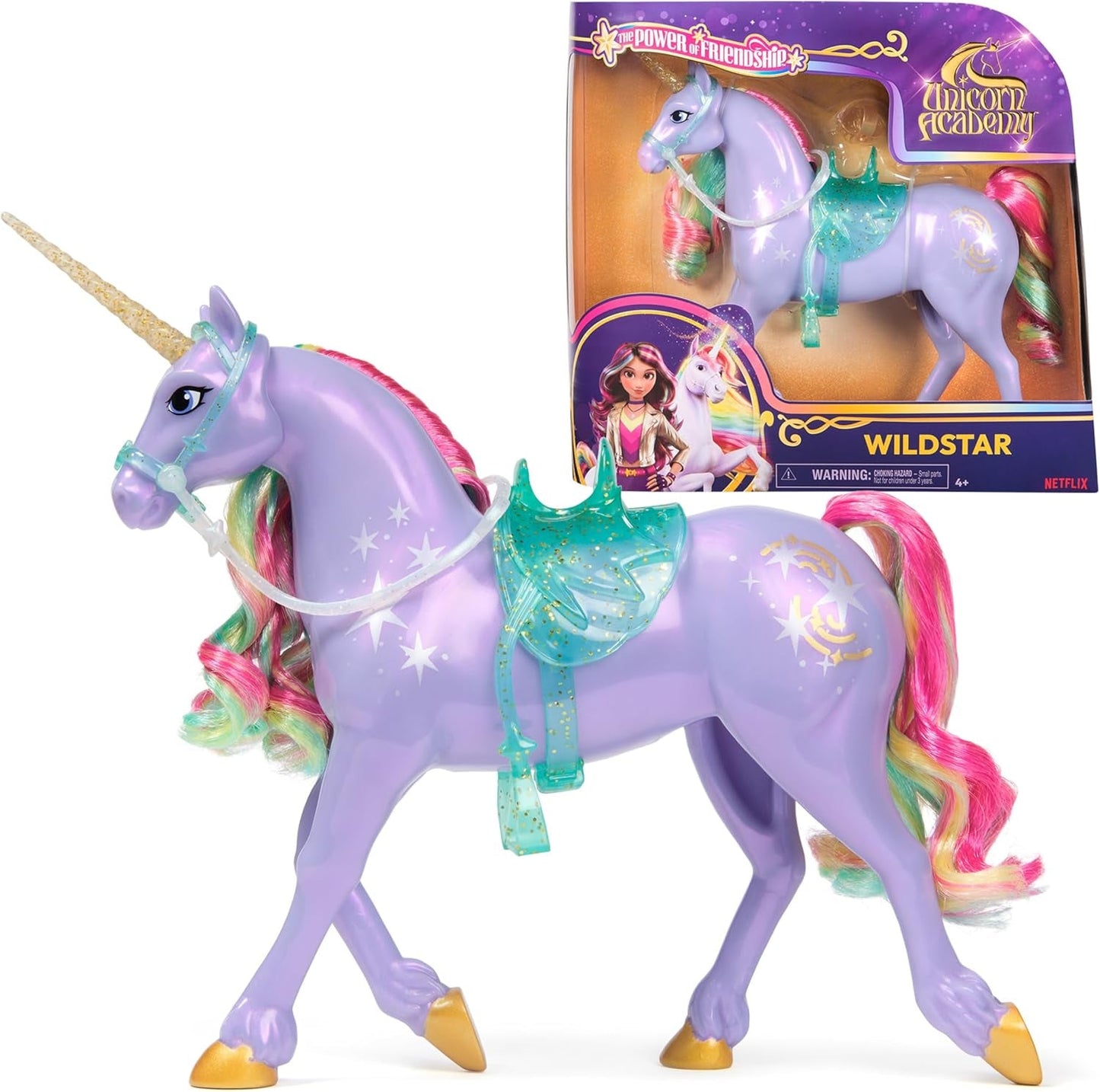 Wildstar-Einhorn von Unicorn Academy – 28 cm großes, originales Sophia-Einhorn aus der Netflix-Serie mit echter Mähne und Schweif, abnehmbarem Zaumzeug, Sattel und Bürste, ab 4 Jahren