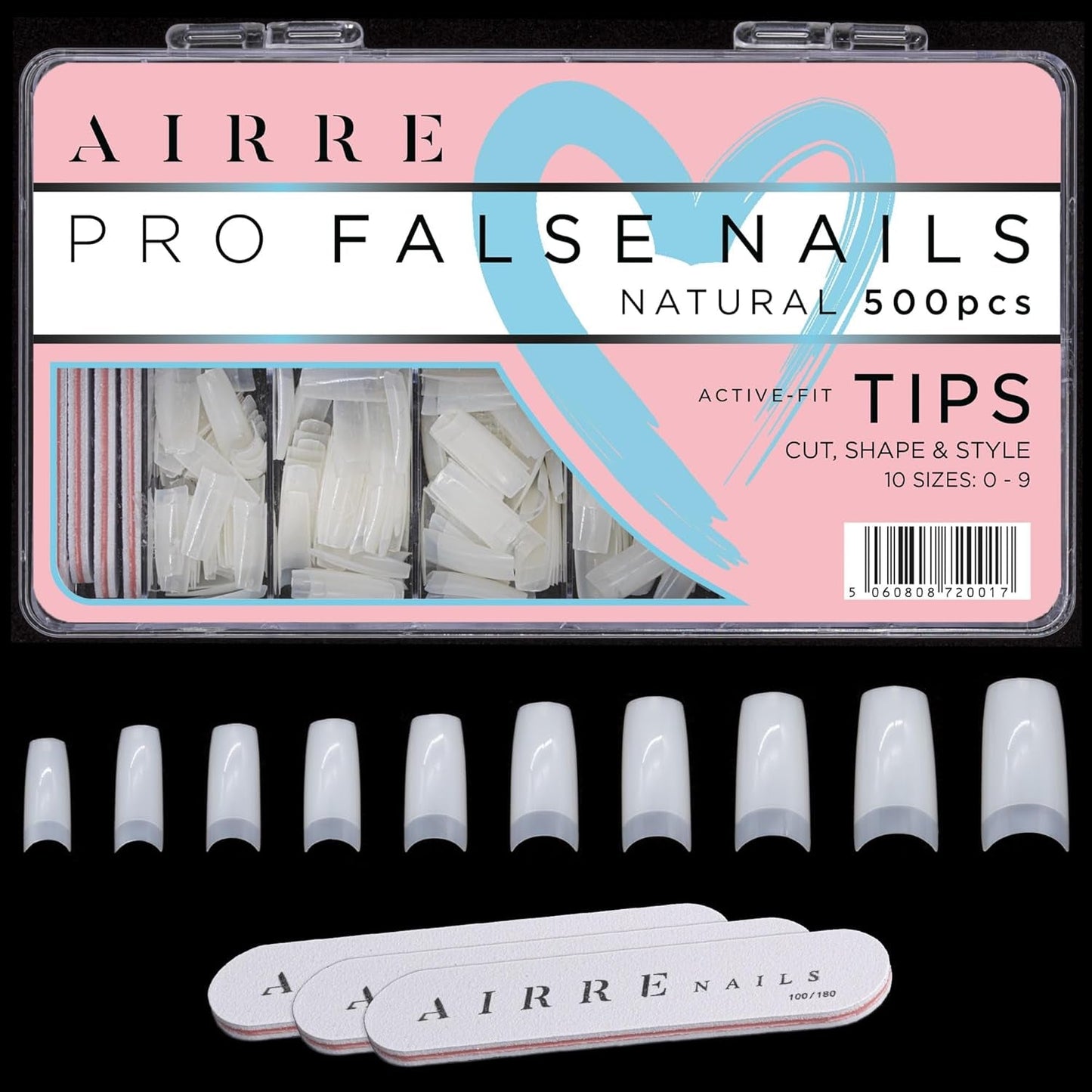 AIRRE 500 professionelle Gel-Nägel und 3 Feilen pro Box – (10 Größen) Französische Halbmond-Kunstnägel, Salon- und Heimgebrauch, Schneiden, Feilen und Formen, UV-/LED-Gel, Nagellack und Nagelkunst (natürlich)