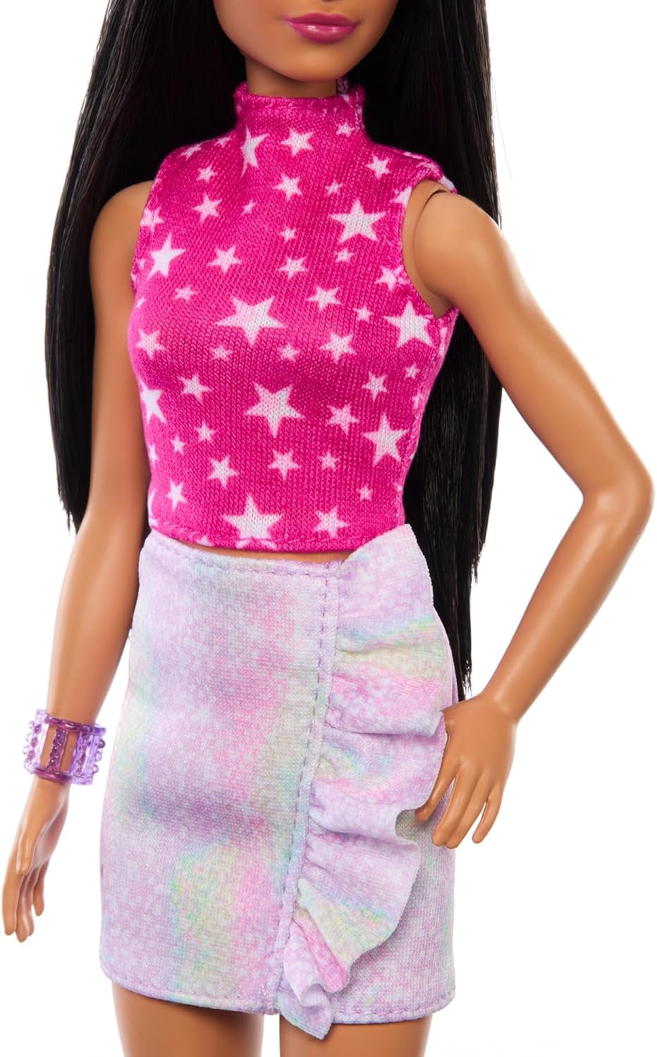 Barbie Fashionistas Puppe Nr. 215 mit glattem schwarzen Haar, rosafarbenem Sternmuster-Oberteil und schillerndem Rock, Sammler-Modepuppe zum 65. Geburtstag HRH13 Naty Shop Dolls