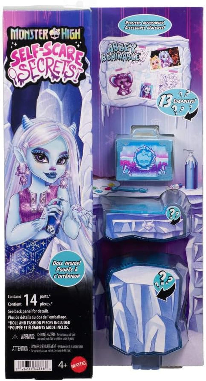Monster High Self-Scare Secrets Abbey Bominable Puppen- und Zubehörset mit 13 realistischen Überraschungen wie Henna, Zeichnungen und Häkeln JHK44
