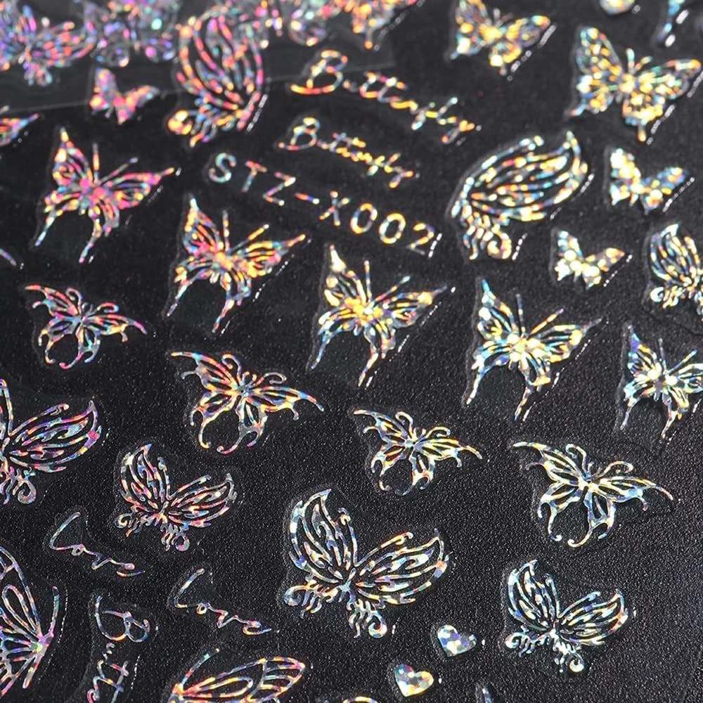 6 Blatt Schmetterling Nagelsticker Selbstklebend Laser Silber Schmetterlings Nagelaufkleber 3D Aurora Silber Schwarz Schmetterlinge Nagel Aufkleber Frühling Nageldesign Nail Sticker Nail Art Zubehör