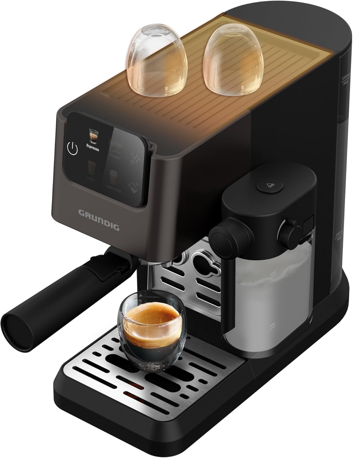 Siebträger-Espressomaschine GRUNDIG KSM 5330 mit integriertem Milchbehälter, Leistung 1628 W, Pumpendruck 15 bar, Doppeldüse, farbiges Touch-Display, BrewSense, CreamyPro, Edelstahl dunkel/Schwarz