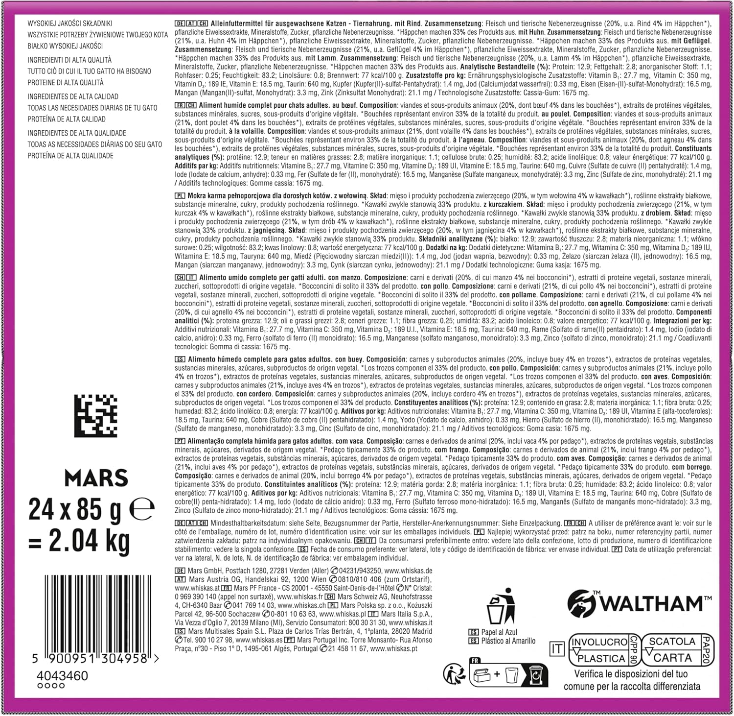WHISKAS PURE DELIGHT Nassfutter in Gelee 24 x 85g Classic Ragout (4 Packungen) 48 Portionsbeutel