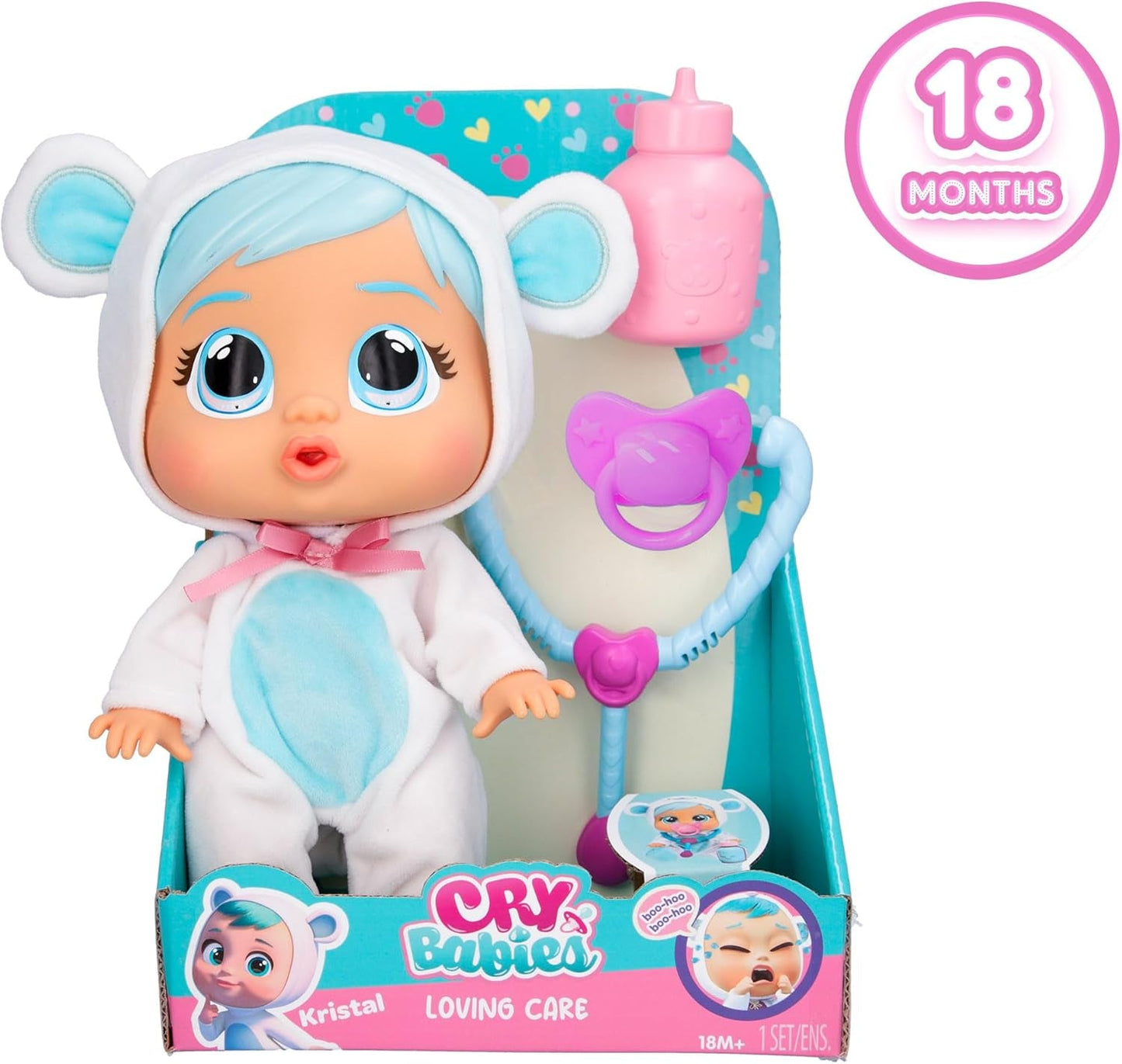 Cry Babies Loving Care Kristal Puppe, Kristal Loving Care Babypuppe mit 3 Zubehörteilen für Arztspiele, Pflege, Weinen mit echten Tränen, Spielzeug für 18 Monate alte Babys