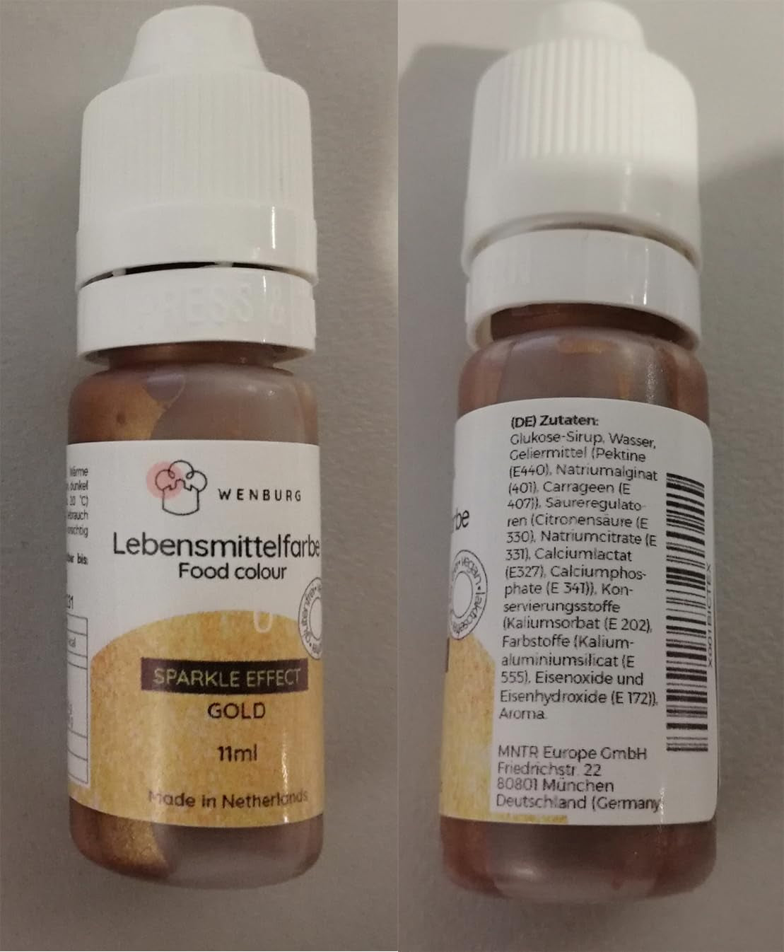 Wenburg Lebensmittelfarbe, Glitzer, 11 ml, konzentriert, hergestellt in der EU, flüssig. Zum Färben von Teig, Getränken, Aromen, Schleim – goldene Glitzer-Lebensmittelfarbe – goldene Kuchenfarbe – goldene Glitzer