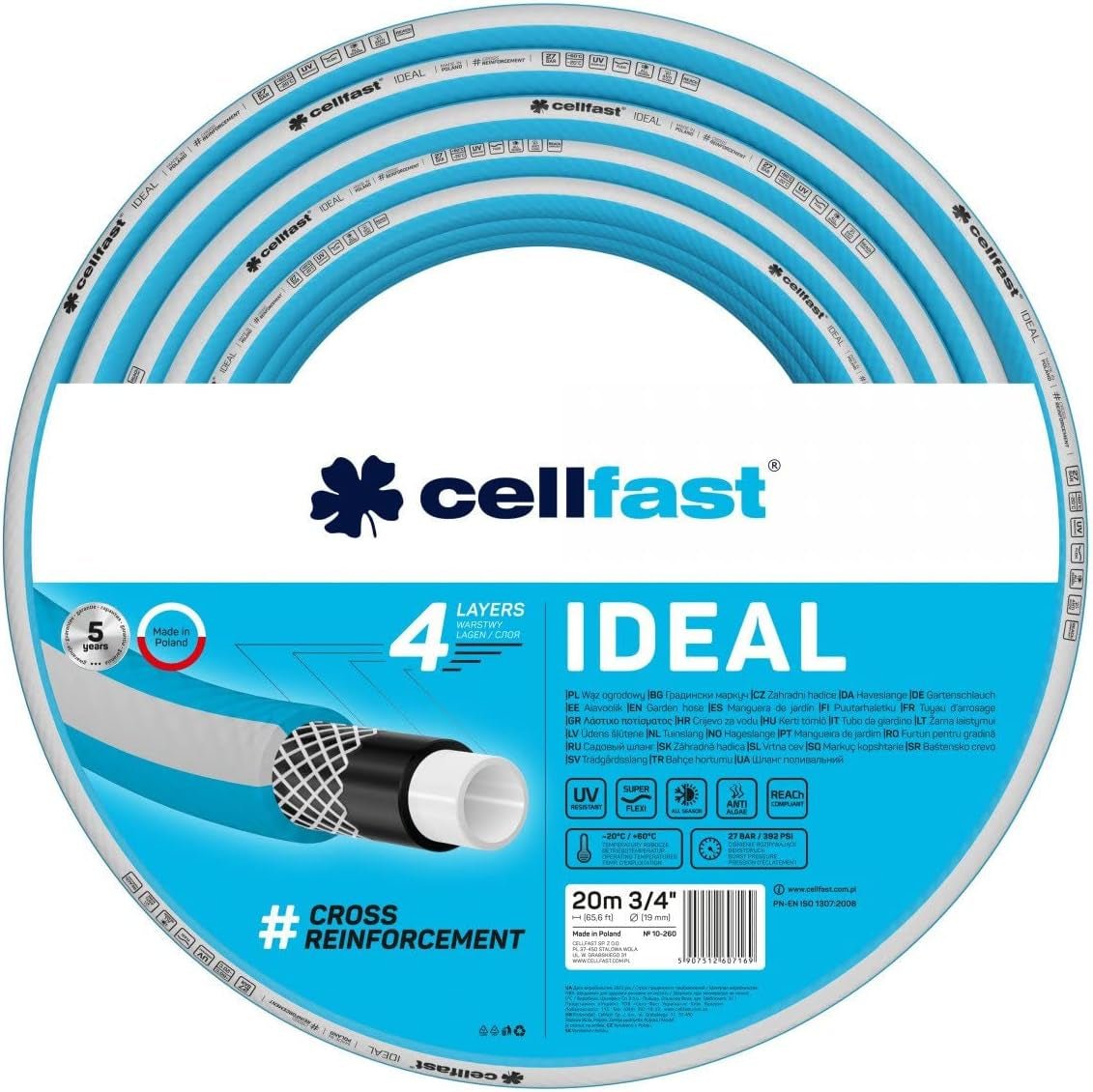 Gartenschlauch Cellfast IDEAL, langlebig, flexibel, 4 Lagen, langlebiges Kreuzgeflecht, UV- und algenbeständig, REACH-Technologie, 27 bar, -20/+60° kurzfristig 3/4", 20m