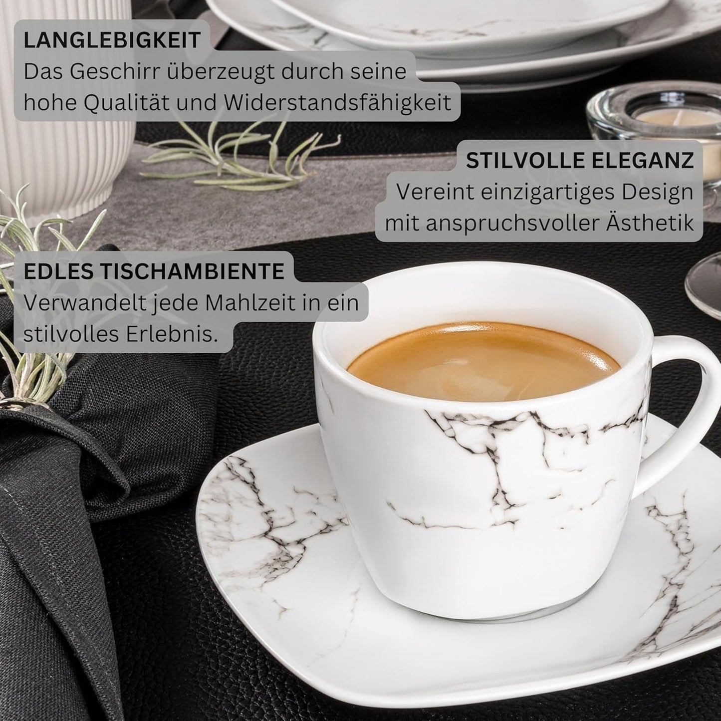 SANGER | Bilgola Marmor-Geschirr-Set, 36-teilig, für 6 Personen, mit Speisetellern, Desserttellern, Suma-Tellern, Müslischalen, Kaffeetellern und Porzellan-Untertassen, quadratisch | DIE PREMIUM-KOLLEKTION