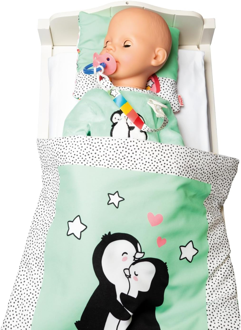 Heless 1181 – Puppenoverall im Polka Dot-Pinguin-Design aus weichem Velours mit hochwertiger Stickerei, Größe 28–35 cm