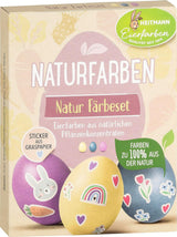 Heitmann Eierfärbe-Naturfarbset, 3 Eierfärbepulver (Gelb, Lila, Graublau), Graspapier-Aufkleberbogen