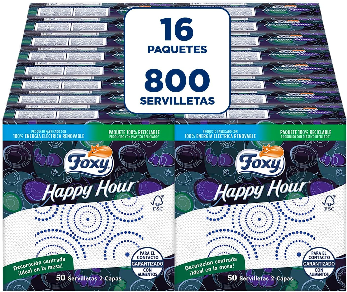 Happy Hour | Doppellagige Tücher | 16 Packungen à 50 Stück à 33 x 33 cm | FSC-zertifiziert | 100 % erneuerbarer Strom | Recycelbare Verpackung aus recyceltem Kunststoff