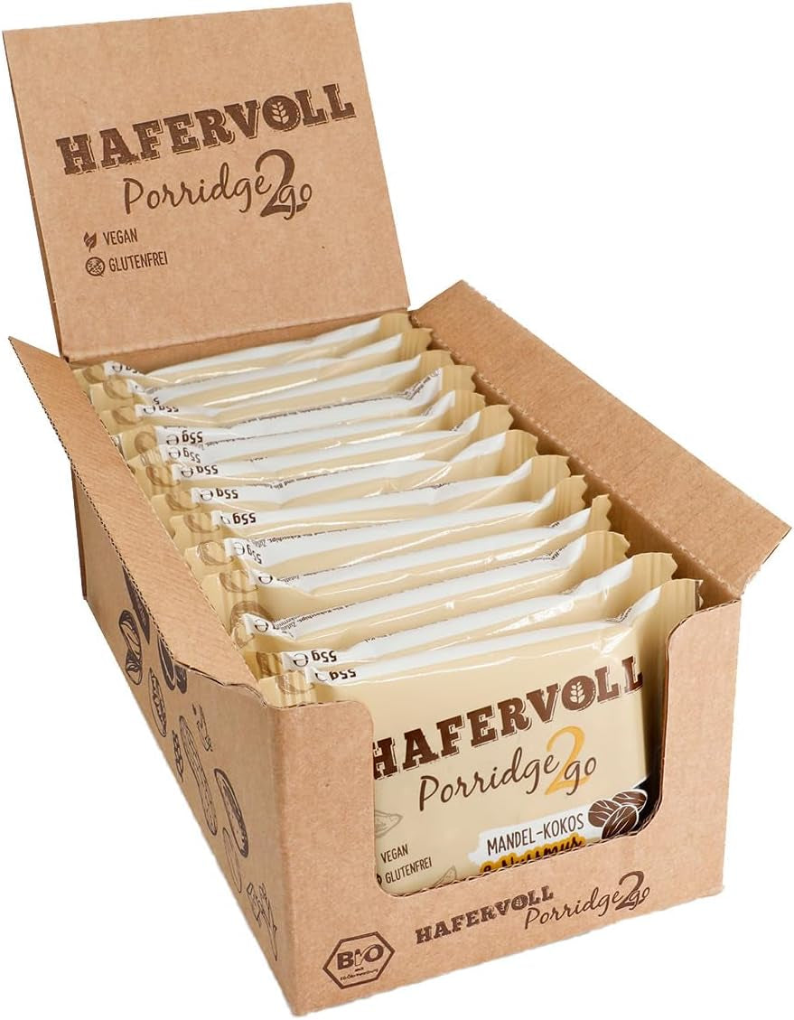 Hafervoll Porridge2go Erdnussbutter und Nüsse, 13 Riegel x 55 g – Vegan, Bio, Glutenfrei, Snack ohne Zuckerzusatz, mit Hafer, Datteln und Quinoa-Süßigkeit