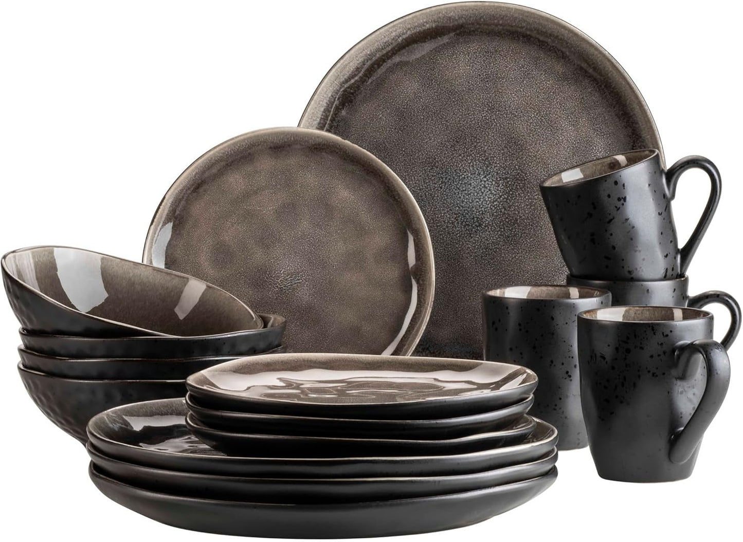 MÄSER 934073 Serie Niara Organic Modernes 4-Personen-Geschirrset im aufregenden Vintage-Look, 16-teiliges Kombiservice mit spezieller schwarzer und brauner Glasurkombination, Steingut