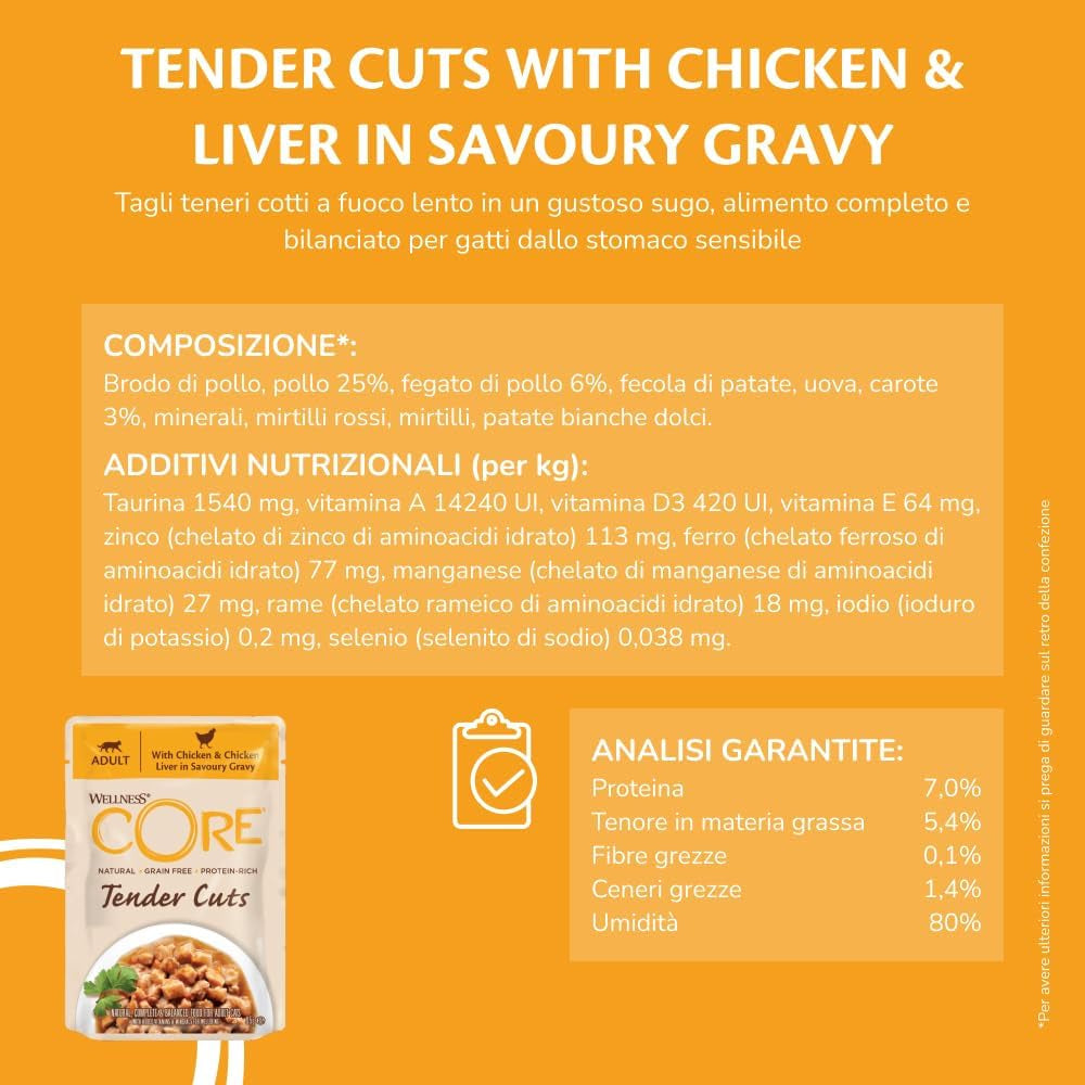 Wellness CORE Tender Cuts 6 x 85g, Chicken Selection Mix – Nassfutter für Katzen, zarte Stücke in Soße, getreidefrei, natürlich, hypoallergen, proteinreich, hoher Fleischanteil